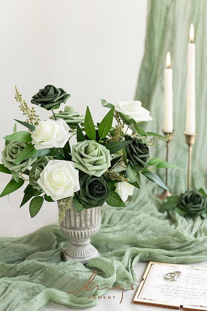 Ling's moment Artificial Flowers 25Pcs Emerald Green Mix Roses Decor w/Stems,3" Real Touch DIY Foam Floral for Wedding Bouquet/Centerpieces, Outdoors Party Backdrop, Room/Table, and Garden/Pot Decor