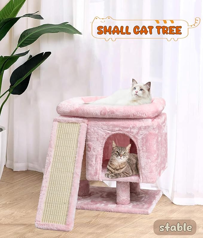 SYANDLVY Small Pink Cat Tree with Perch for Indoor Cats, Cat Tower with Scratching Post, Modern Activity House for Large Cats, Condo with Board, Kittens Cave-Mewly Pet