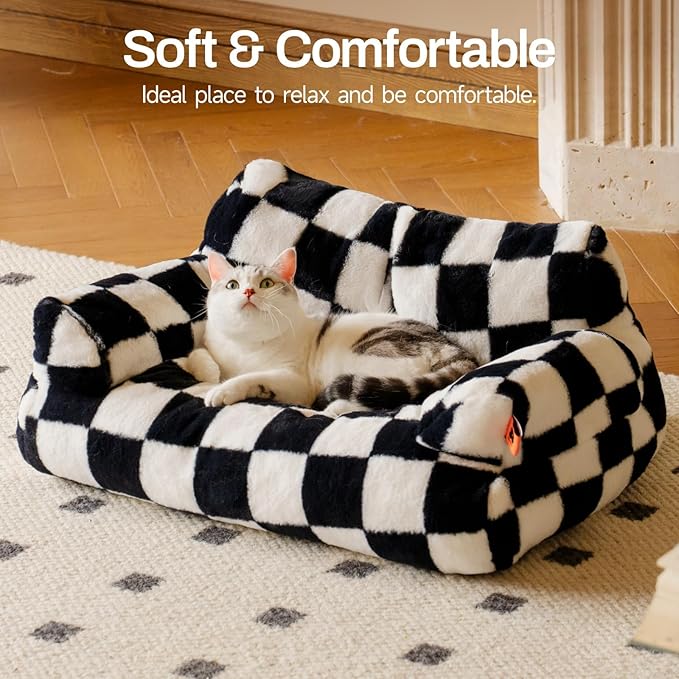 MEWOOFUN Cat Bed for Indoor Cats, Washable Dog Beds for Small Medium Dogs & Cats, Fluffy Cat Couch with Non-Slip Bottom (Black&White, 26.0" L x 19.0" W x 13.0" Th)-Mewly Pet