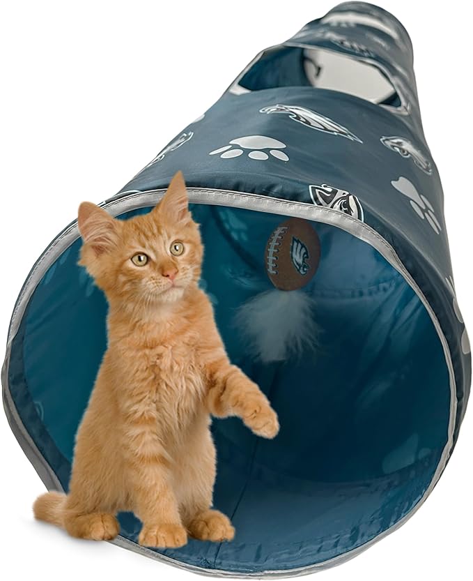 NFL Philadelphia Eagles Cat Tunnel Tube Toy with Plush Football Catnip and Feathers Collapsible Tunnel for Cats to Play, Peek and Hide, Sporty & Fun Cat Tunnel Toy with Team Logo All-Over Design!-Mewly Pet