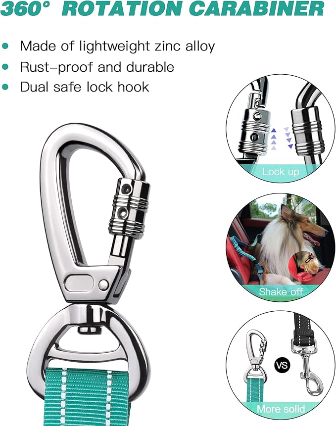 AUBELL Dog Seat Belt for Car,Updated 3-in-1 Adjustable Reflective Bungee Heavy Duty Dog Car Harness Tether with Clip Hook Latch & Buckle,Swivel Zinc Alloy Carabiner,Teal-Mewly Pet