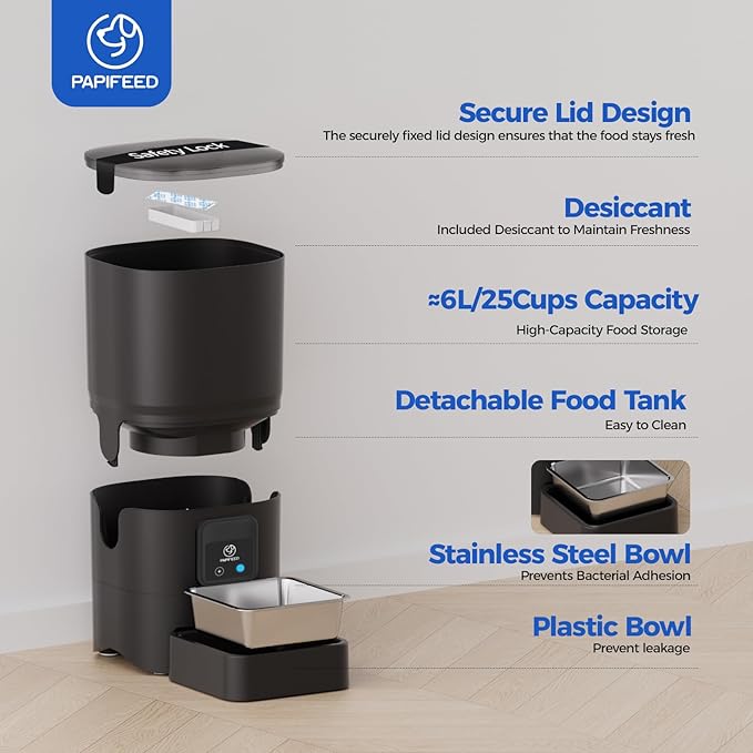 PAPIFEED 2.4G WiFi Automatic Cat Feeder, 6L/25Cup Automatic Pet Feeder with APP Control for Remote Feeding, Detachable for Easy Clean, Cat Food Dispenser with Alexa,1-10 Meals Per Day for Dog, Black-Mewly Pet