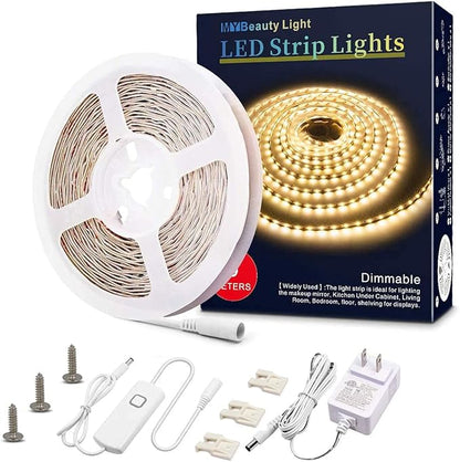 MY BEAUTY LIGHT LED Strip Lights Warm White, 16.4ft Dimmable LED Light Strip,12v Flexible LED Rope Lights Kits for Kitchen Cabinet Bedroom Party Decor