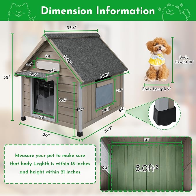 Outdoor Dog House Weatherproof Large Wooden Dog Kennel Indoor for Small Dogs with Chew-Proof Frame, Oxford Fabric Window, Removable Floor Pet Shelter (Grey, 26" D x 31.9" W x 32" H)-Mewly Pet