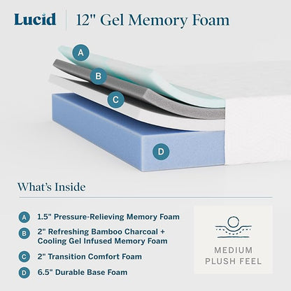 Lucid 12 Inch Memory Foam Mattress - Medium Plush Feel - Infused with Refreshing Bamboo Charcoal and Cooling Gel - Bed in a Box - Temperature Regulating - Pressure Relief - Breathable - King Size