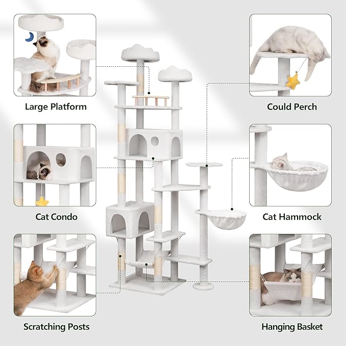 85in Tall Cat Tower for Heavy Duty Big Cats, Large Cat Tree with Scratching Post, Plush Perches, Cozy Cat Condos & Hanging Hammocks for Maine Coon, White-Mewly Pet