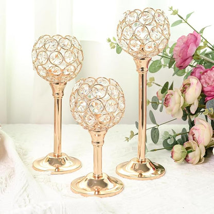 Elegant Crystal Candle Set of 6- Gold Tealight Holders, Votive Candelabras & Bowl Centerpiece Bulk for Dining Table, Wedding Decor