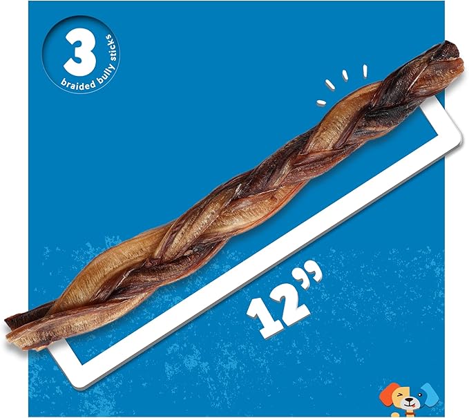 Jack&Pup 12" Braided Bully Sticks (3 Pack) Long Lasting Thick Bully Sticks for Large Dogs and Aggressive Chewers, Single Ingredient Dog Chews-Mewly Pet