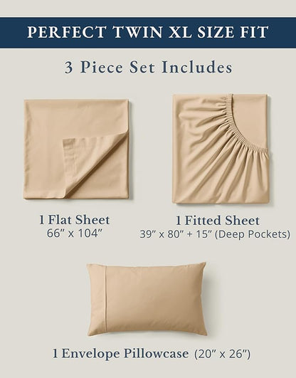 LANE LINEN Twin XL Sheets Set, 100% Mercerized Organic Cotton Twin XL Bed Sheets Set with sily Touch Finish, Soft and Comfy Fully Elasticized Percale Weave Low Pilling XL Twin Sheets Set -Linen