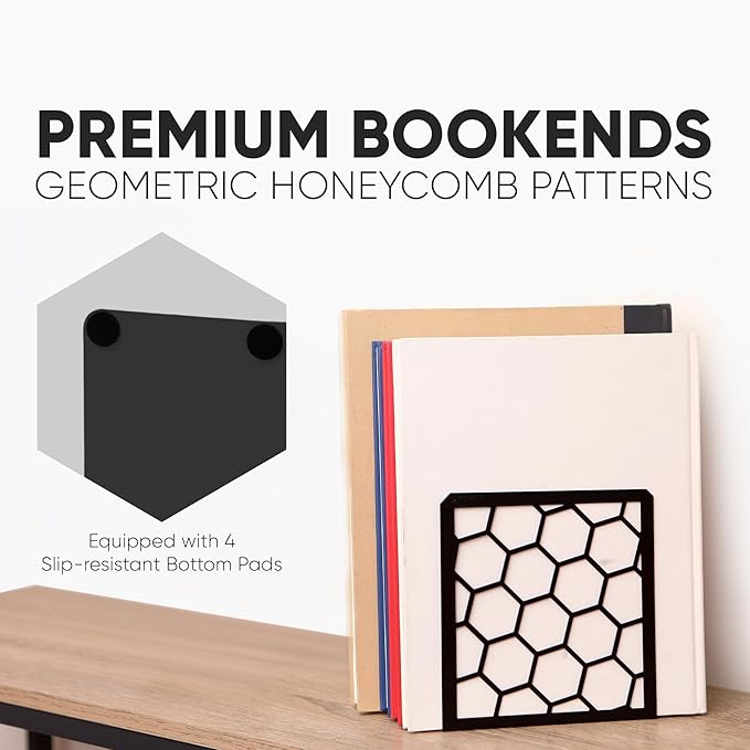 GEOMOD Geometric Honeycomb Black Metal Bookends Decorative - Tall Sturdy Book Ends for Shelves - Modern Heavy Duty Bookend Stopper - Office or Home Book Shelf Book Holder - 6x3.25x6.25 Inches - 2 Pair