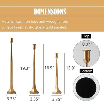 Denique Iron Taper Candle Holder Set of 3, Black Candlestick Holders 19.3”17” 14” Heightening Decorative Candle Stand Set for Wedding, Dining Table, Home Decoration (Gold)
