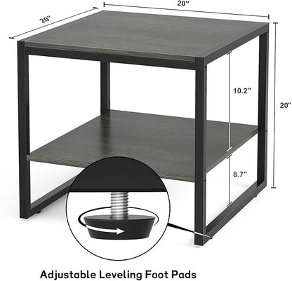 Homieasy End Table, 20 Inch Square End Table, Mini Fridge Stand with 2-Tier Storage Shelves, Industrial Wood Side Tables for Living Room, Black Oak