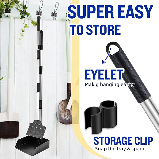 Pooper Scooper for Large Dogs, Adjustable Long Handle Metal Tray and Spade Poop Scooper for Dogs with Bin for Pet Waste Removal, No Bending Clean Up Pooper Scooper for Medium and Large Dogs-Mewly Pet