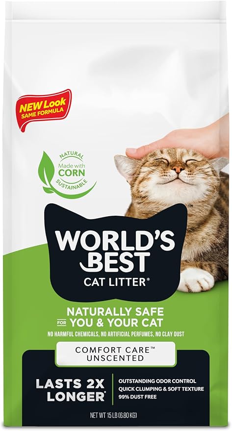 WORLD'S BEST CAT LITTER Comfort Care Unscented 15-Pounds - Natural Ingredients, Quick Clumping, Flushable, 99% Dust Free & Made in USA - Long-Lasting Odor Control & Easy Scooping-Mewly Pet