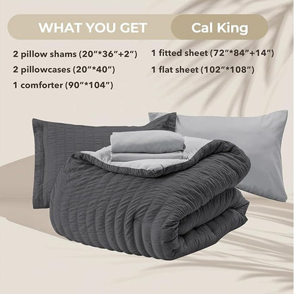 HYMOKEGE Dark Grey/Light Grey California King Comforter Set Seersucker 7 Pieces, All Season Luxury Bed in a Bag for Bedroom, Bedding Set with Comforter, Sheets, Pillowcases & Shams