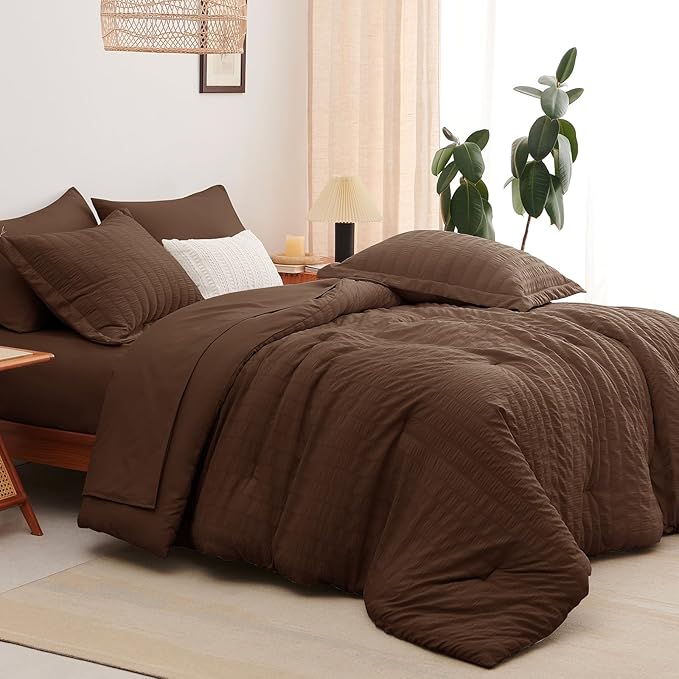 CozyLux King Size Comforter Set Brown Seersucker 7 Pieces Bed in a Bag King Comforter Set with Sheets, Luxury Soft Bedding Set with Down Alternative Comforter, Sheets, Pillowcases & Shams All Seasons