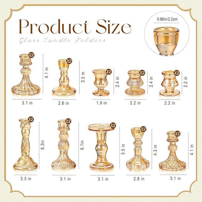 Mumufy 10 Pcs Glass Crystal Taper Candle Holders Clear Glass Candlestick Holder Fit 0.8 Inch Candles Crystal Decorative Candle Stand Centerpiece Table Wedding Dining Party (Classic,Gold)