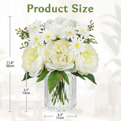 DILATATA Artificial Flowers in Vase White Silk Peony & Daisy Faux Floral Arrangements for Table Centerpieces, Home Office Kitchen Bathroom Decor, Spring Fake Flower Arrangement