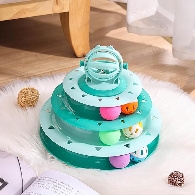 Vealind Cat Toy Roller 4-Level Turntable Cat Toys Balls with Colorful Pom Pom Balls Interactive Fun Mental Physical Exercise Puzzle Kitten Toys (Green)-Mewly Pet