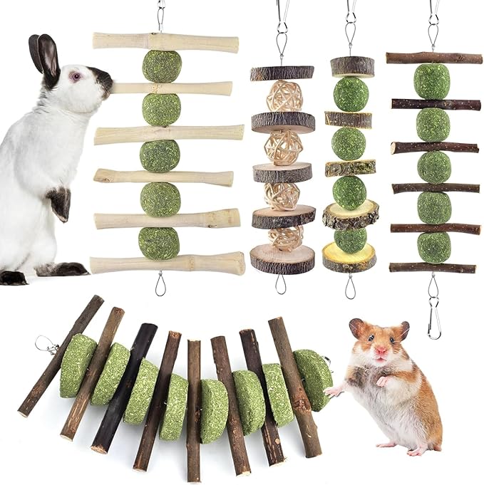 ERKOON Bunny Chew Toys, Rabbit Chew Toys for Teeth Grinding, Improve Dental Health, 100% Natural Apple Wood Timothy Grass Cake Treats for Rabbits Guinea Pigs Chinchillas Bunnies Hamsters (5 Pcs)-Mewly Pet
