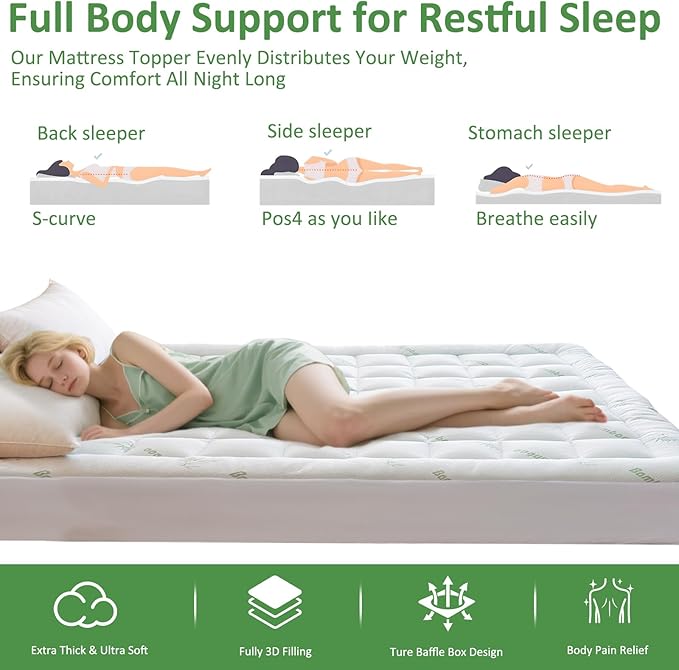 Bioeartha Cooling Mattress Topper King – Extra Soft Pillow Top Mattress Pad, Breathable Viscose Made from Bamboo Mattress Protector for Back Pain Relief, Deep Pocket Cover Fits 8–21 Inch