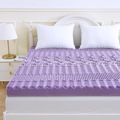 MUXHOMO 2 Inch 7-Zone Queen Mattress Topper, Egg Crate Foam Mattress Topper Queen Size for Back Pain, Lavender Cooling Gel Infused Bed Pad, CertiPUR-US and Oeko-TEX Certification (60"×80")