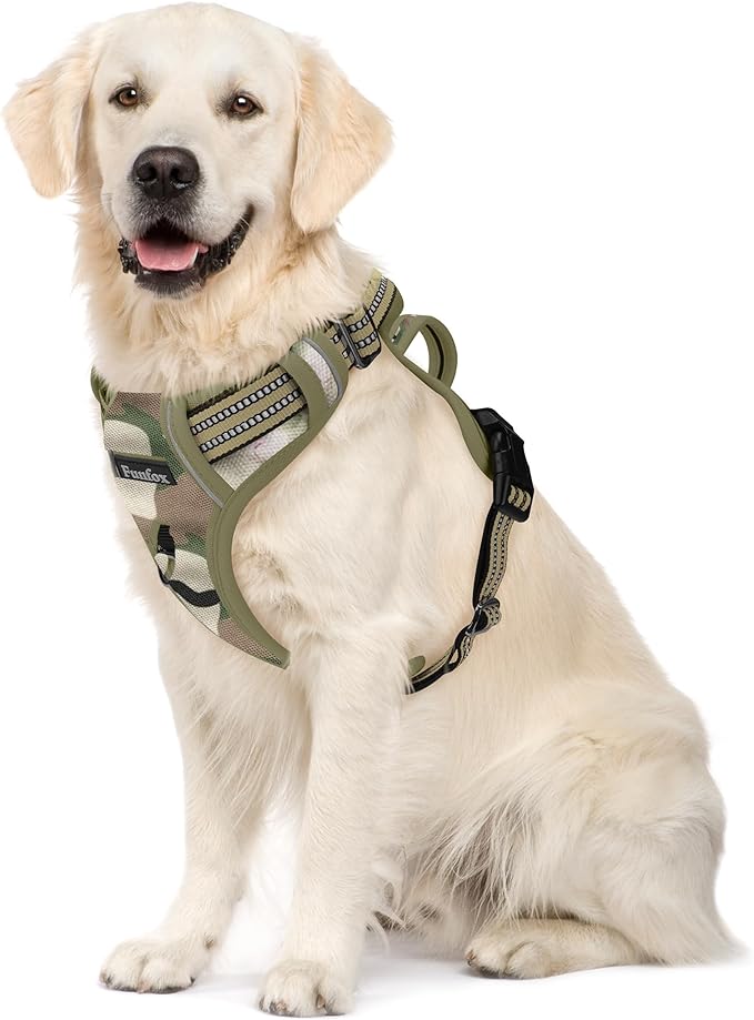 Funfox Dog Harness No Pull, Adjustable Pet Vest Harness, Super Soft Material with Vertical Handle Easy Control, Reflective Night Walking, 2 Leash Clips for XLarge Dogs, Camo Green, XL-Mewly Pet