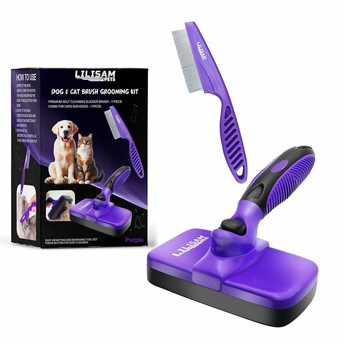 Pet Self Cleaning Slicker Brush and Grooming Comb - Gently Removes Loose Hair, Tangles, and Dirt - Skin Friendly Deshedding Grooming Tool for Hair Dogs & Cats - Pet Supplies Accessories (Purple)-Mewly Pet
