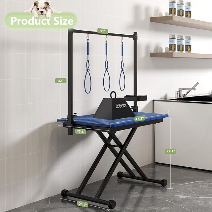 VFK 47'' Large Dog Grooming Table X-Lift Foldable Grooming Table for Dogs at Home Adjustable Height Arms Pet Station with Nooses, Mesh Tray, Tool Organizer-Mewly Pet