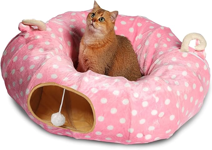 AUOON Cute Cat Donut Tunnel - Round Cat Tunnel Bed with Washable Cushion Interactive Cat Toy for Indoor Cats Kitten Kitty Puppy Rabbit Ferret (Pink)-Mewly Pet
