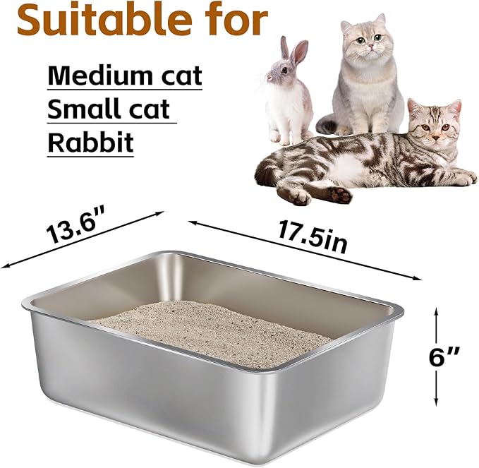 Stainless Steel Litter Box 2 Pack,Metal Litter Box for Cats Easy to Clean,Cat LitterBox for Kitty/Kitten Rabbit Litter Pan,Non Stick, No Smell-Mewly Pet