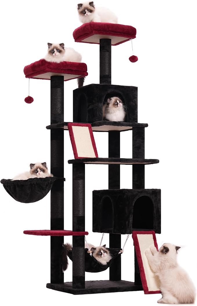 Cat Tree for Indoor Cats, 71'' (180cm) Multi-Level Cat Tower for Large Adult, Gothic Sturdy Cat Tree House with 2 Scratching Boards 7 Posts, 2 Plush Perches/Condos, Hammock, Black GCT032BR-Mewly Pet
