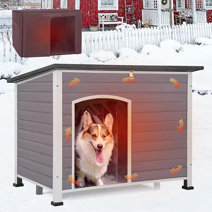 GUTINNEEN Large Insulated Dog House for Winter Outdoor Dog Kennel with Anti-Chewing Metal Frame for Medium to Large Dogs,Grey and White-Mewly Pet