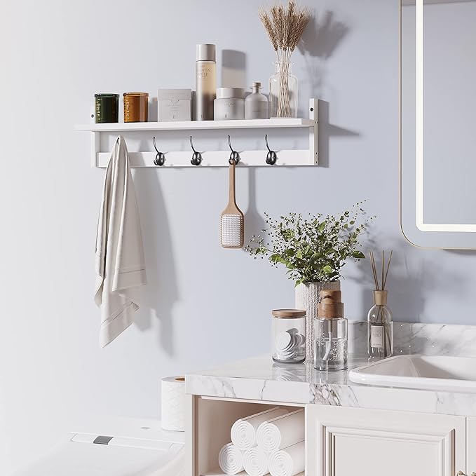 BAMEOS Wall-Mounted Wood Shelf with 5 Dual Hooks for Bathroom, Living Room, Bedroom (White-with Shelf)