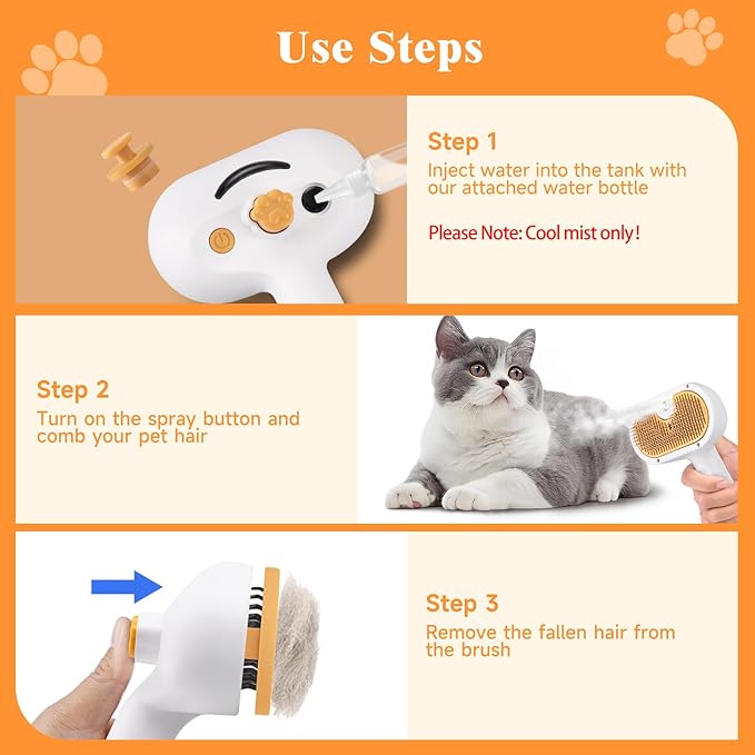 Pet Steam Brush for Dog & Cat – 3-in-1 Spray Hair Removal Comb – Steam for Shedding & Grooming – Water Brush for Long & Short Haired Pets – Spritz Defur Comb – Includes 2*Waterless Shampoo-Mewly Pet