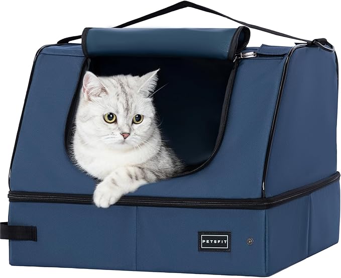 PETSFIT Travel Litter Box for Cats - Removable 2-Layer Leak-Proof Lining, Scratch-Resistant Fabric with Sturdy Support Frame, Cat Collapsible & Travel Litter Box Navy Blue-Mewly Pet