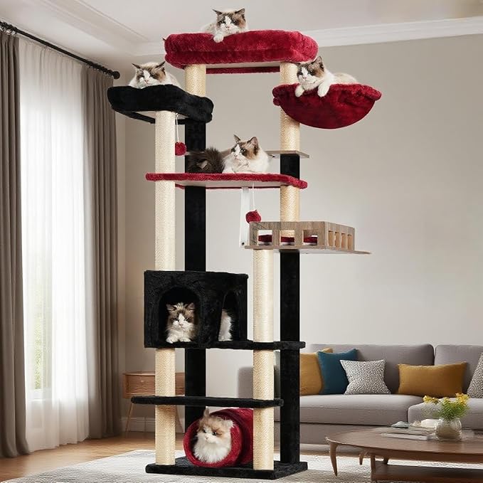 Cat Tree with Tunnel, Cat Tower for Indoor Cats, Tall Gothic Cat Tree Tower with Cat Condo, Food Station, Large Platform, Scratching Posts, Hammock, Black and Red GCT021BR-Mewly Pet