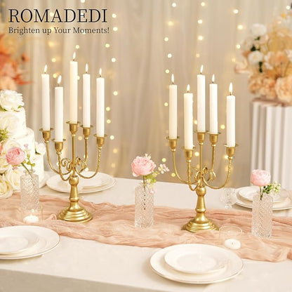 Romadedi Candelabra Gold Candle Holders - 5 Arm 11.8" Wedding Candlestick Holder for Theme Party Table Centerpiece Decor Dining Room Birthday Holiday Christmas, Set of 6