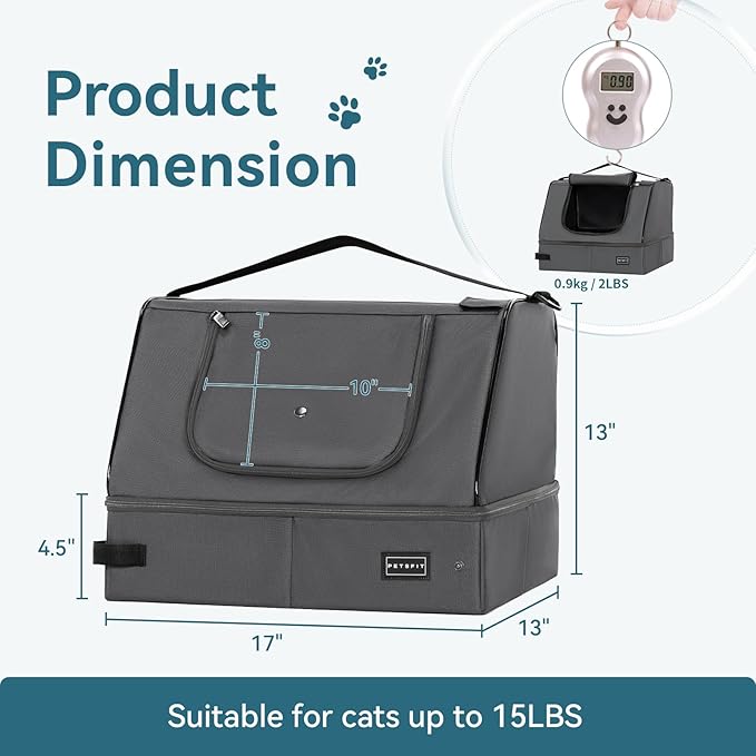 PETSFIT Portable Cat Litter Box - Removable 2-Layer Leak-Proof Lining, Scratch-Resistant Fabric with Sturdy Support Frame, Travel & Collapsible Cat Litter Box Grey-Mewly Pet