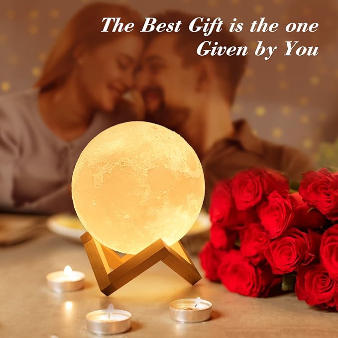 Mydethun Large Moon Lamp - 7.1" Large Thanksgiving & Christmas Table Décor, Gifts for Women and Mom, Touch-Dimmable Lamp with Wooden Base – Rechargeable Dual Color Night Light for Bedroom, Home