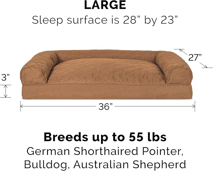 Furhaven Pillow Dog Bed for Large/Medium Dogs w/ Removable Bolsters & Washable Cover - Quilted Sofa - Toasted Brown, Large-Mewly Pet