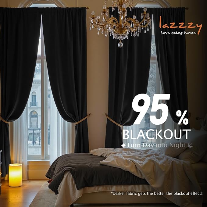 Lazzzy Velvet Blackout Curtains Thermal Insulated Room Window Drapes Super Soft Luxury Curtains for Living Room Bedroom Rod Pocket 2 Panels, Black, 42" W x 96" L