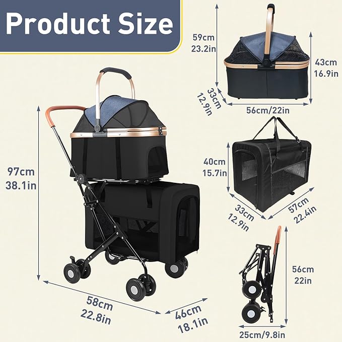 Double Pet Stroller for 2 Dogs or Cats, Folding Dog Stroller with 2 Detachable Carrier Bags, Safety Belt, 4 Lockable Wheels, Separate Compartments, for Multi-Pet Homes (Black)-Mewly Pet