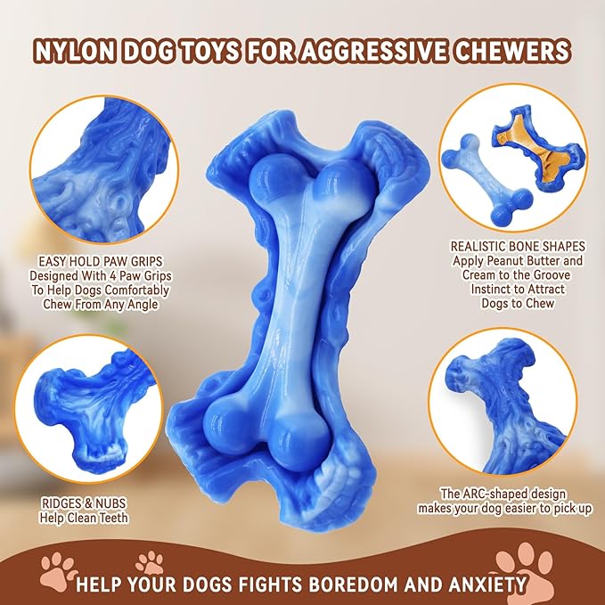 Magicorange Tough Dog Toys, Chew Toys for Aggressive Chewers, Dog Bone Toy Nylon Almost Indestructible Dogs Toy for Teeth Cleaning and Training (Blue)-Mewly Pet