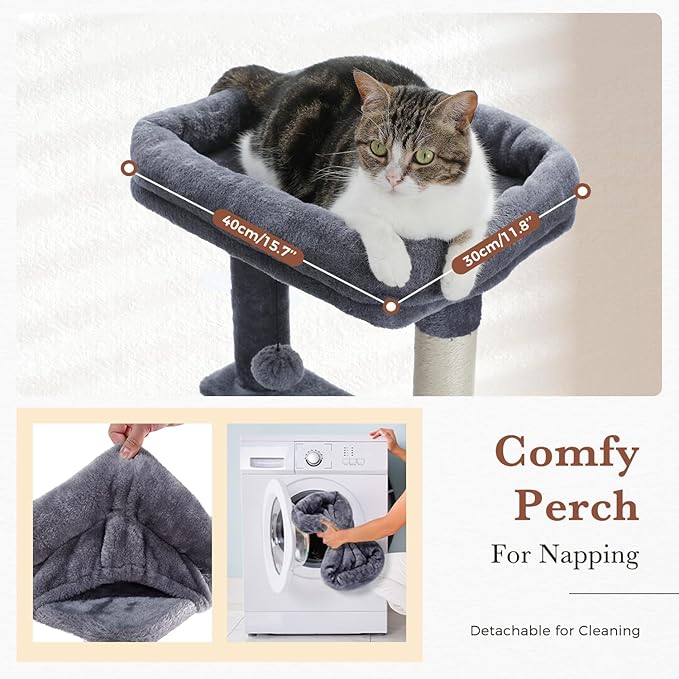 PAWZ Road Cat Tree, 60 Inches Cat Tower with Dual Condos, Spacious Perch, Cozy Basket and Sisal-Covered Scratching Posts for Indoor Cats- Dark Gray-Mewly Pet