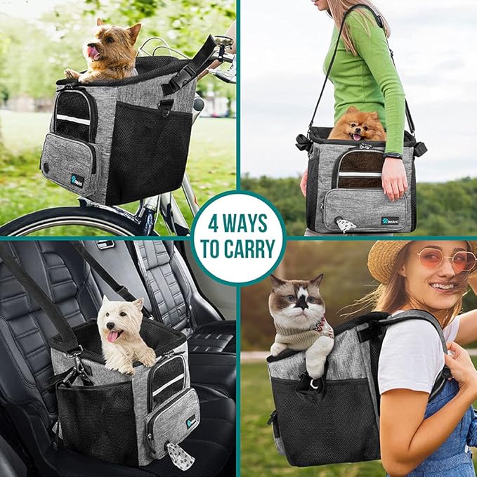 PetAmi Dog Bike Basket, Soft-Sided Ventilated Dog Bike Carrier Backpack, Pet Bicycle Basket for Bike Handlebar, Small Medium Puppy Cat Kitten Car Booster Seat with Safety Strap, Max 18 lbs, Gray-Mewly Pet