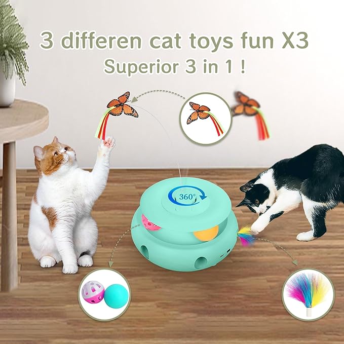 Cat Toys,3-in-1 Interactive Cat Toys for Indoor Cats,Rechargeable Automatic Interactive Cat Toy with Fluttering Butterfly,Smart Sensor 6 Holes Mice Whack-A-Mole and Track Balls,Blue-Mewly Pet