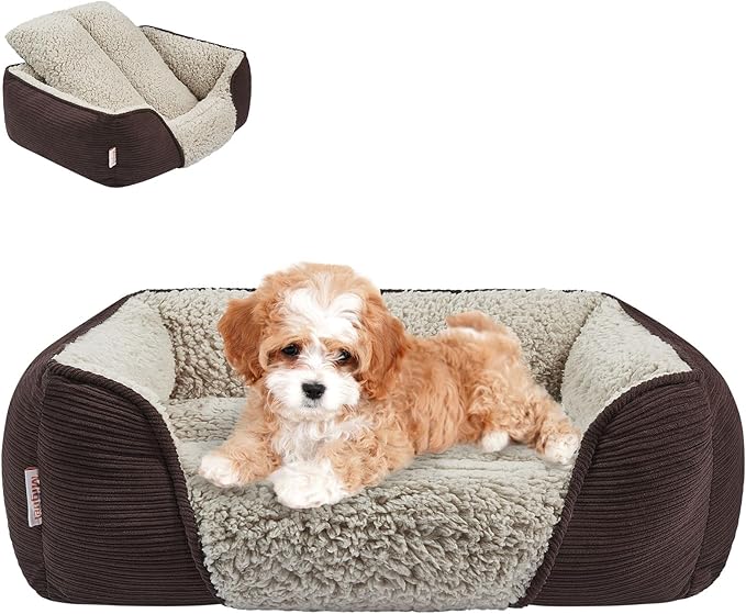 Miguel Washable Dog Bed with Removable Cushion for Small Dogs, Easy to Wash Pet Sofa Bed with Side, Rectangle Bolster Cat Bed Calming Cuddle Puppy Bed with Anti-Slip Bottom, Dark Brown 18 Inch-Mewly Pet