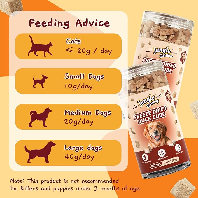 Jungle Calling Freeze Dried Cat Treats, 9.17 oz Single Ingredient Duck Meat for Cats Puppy Dogs, High Protein Food Topper Cube Healthy Dog Treat, Rawhide Free Snacks for Training Bites-Mewly Pet