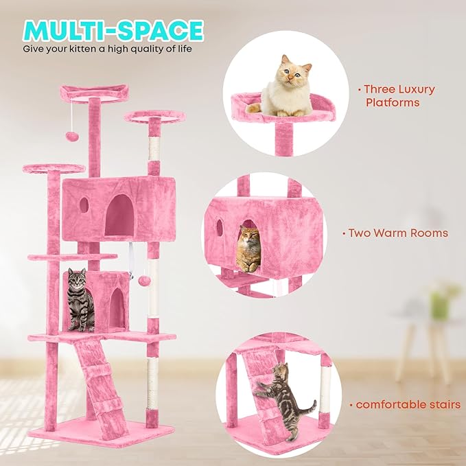 FDW Cat Tree 70in Cat Tower Multi-Level Durable Cat Scratching Post & Cozy Fun Cat Jumping Platform Space Saving Cat Condo Pet Play House for Indoor Cats,Pink-Mewly Pet